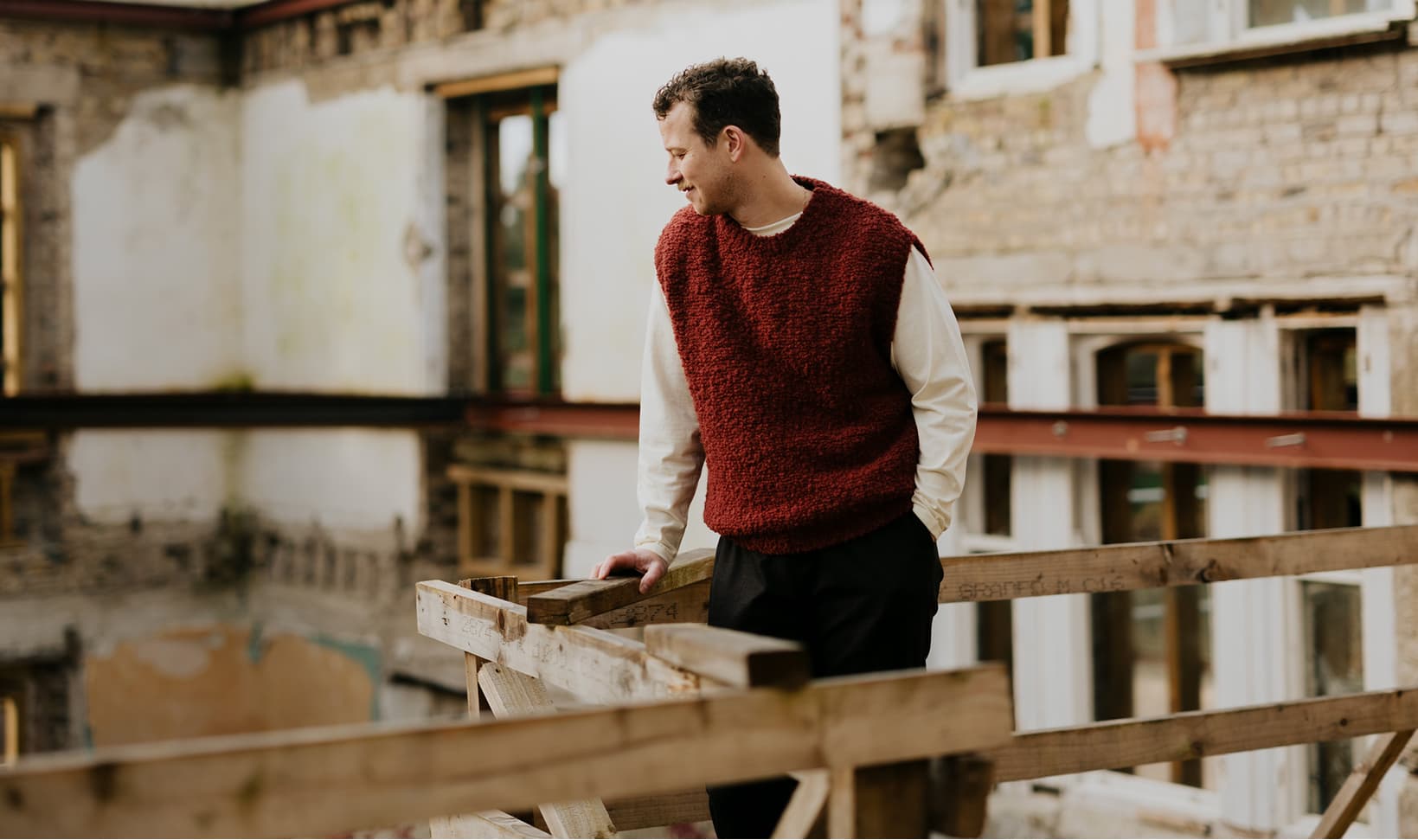 Cúán Greene on scaffolding during the building renovation