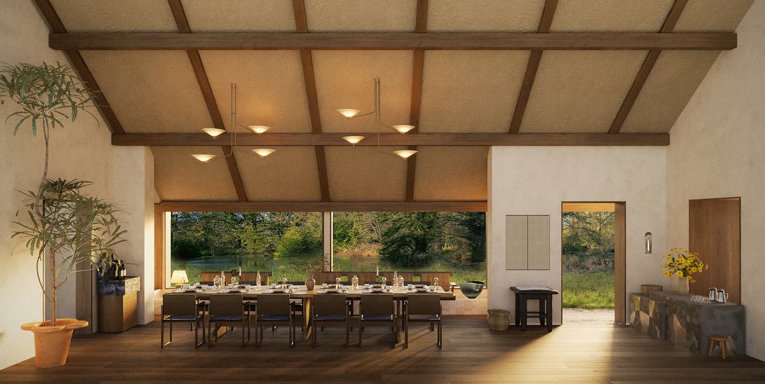 The private dining room with a long table overlooking the millpond