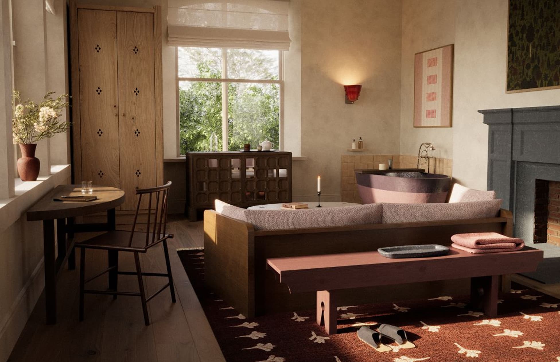 A guest room with handcrafted furniture, daybed and fireplace