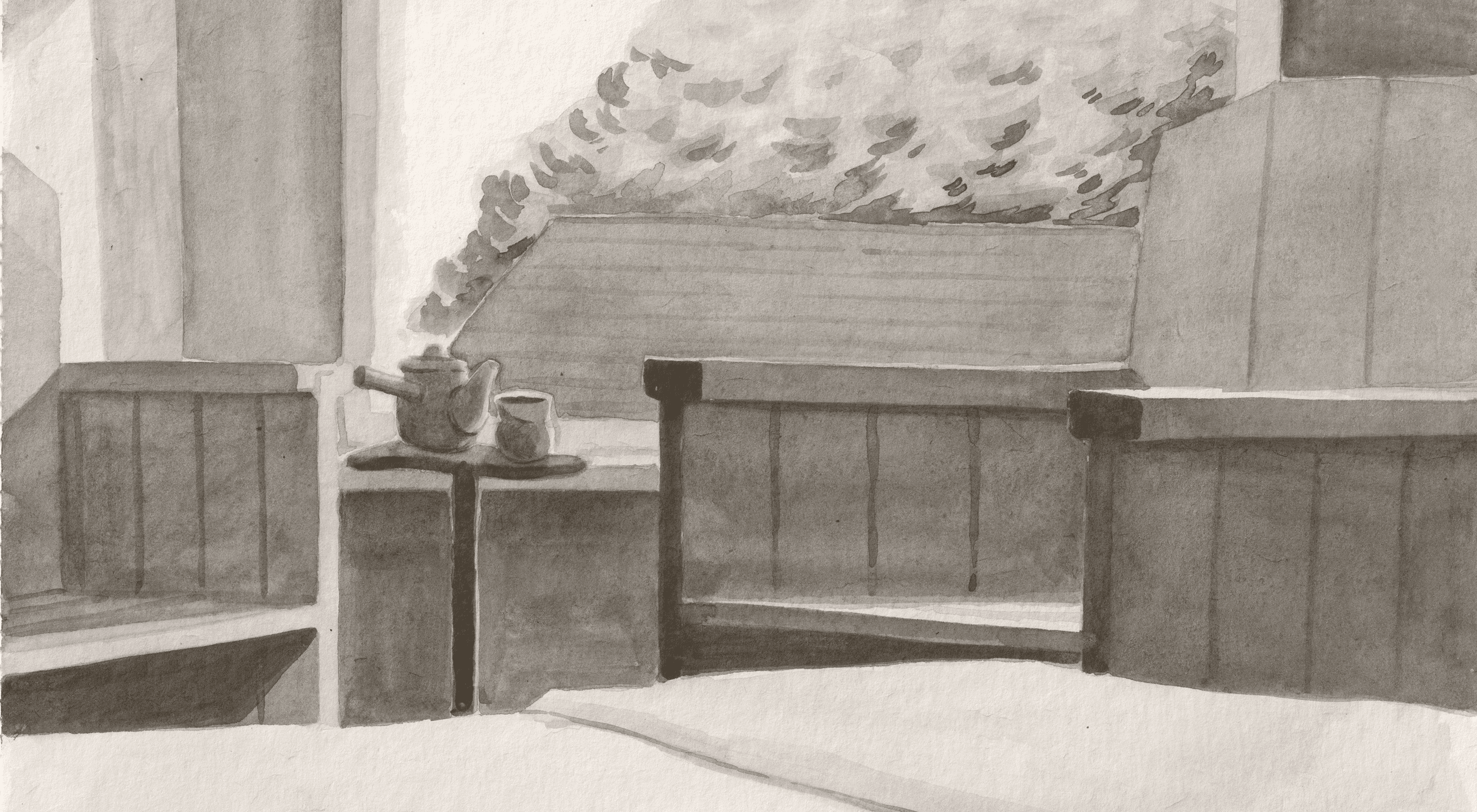 A guest room with handcrafted furniture, daybed and fireplace