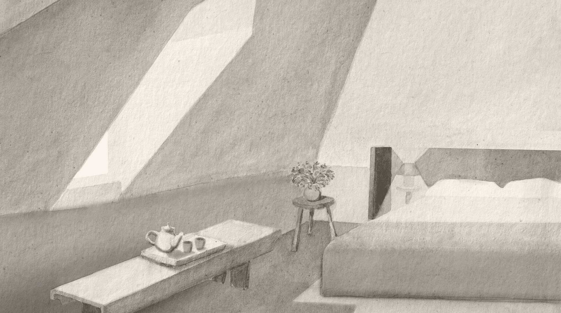 A guest room with handcrafted furniture, daybed and fireplace